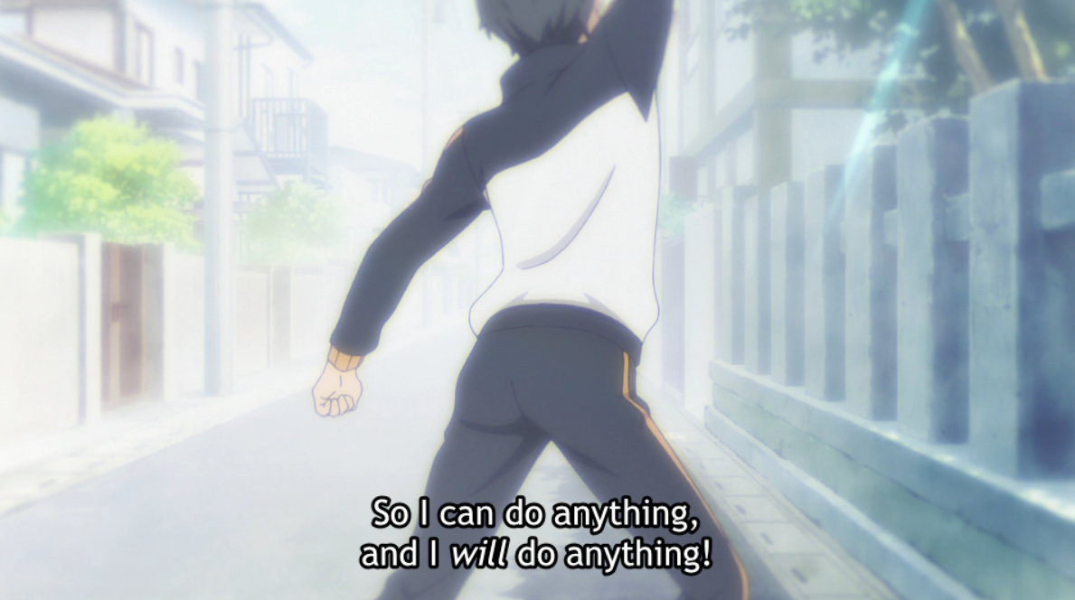 As Subaru is leaving, him being the son of Kenichi is no longer an expectation that crushes him, but serves as motivation and source of pride—because he now believes in himself as he's actively working to become a better person for the people around him. Also that pose is iconic.