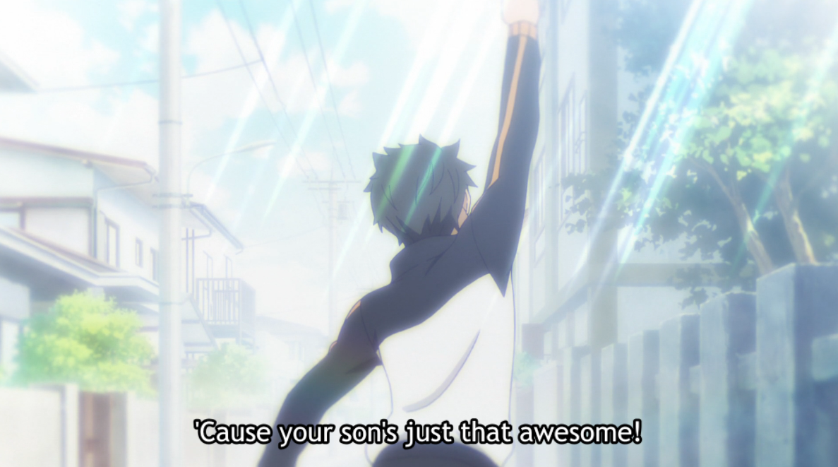 As Subaru is leaving, him being the son of Kenichi is no longer an expectation that crushes him, but serves as motivation and source of pride—because he now believes in himself as he's actively working to become a better person for the people around him. Also that pose is iconic.