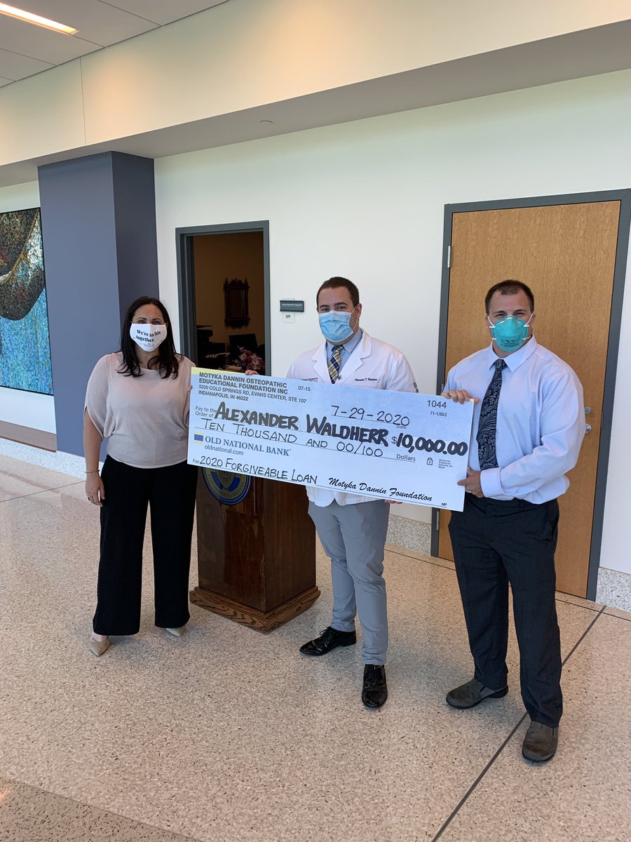 IndianaOsteo's tweet photo. Today we recognized Alexander Waldherr, 4th yr #osteopathic #medstudent (OMS-IV) at @MUCOM_Indy with a $10,000 forgivable loan from our foundation—the Motyka Dannin Osteopathic Educational Foundation. MUCOM’s Interim Dean, Amanda Wright, D.O., joined us to congratulate Alex. https://t.co/Wo3cAgg8pE