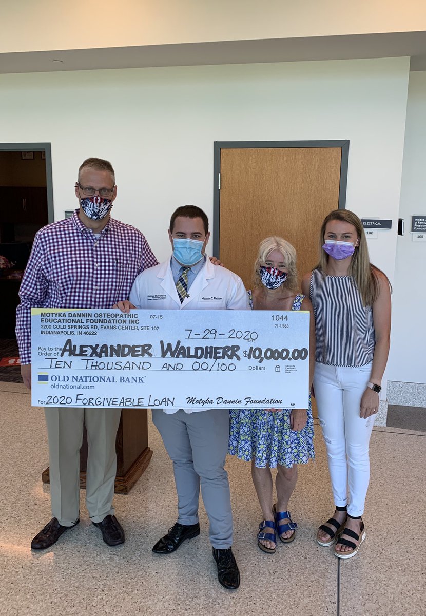 IndianaOsteo's tweet photo. Today we recognized Alexander Waldherr, 4th yr #osteopathic #medstudent (OMS-IV) at @MUCOM_Indy with a $10,000 forgivable loan from our foundation—the Motyka Dannin Osteopathic Educational Foundation. MUCOM’s Interim Dean, Amanda Wright, D.O., joined us to congratulate Alex. https://t.co/Wo3cAgg8pE