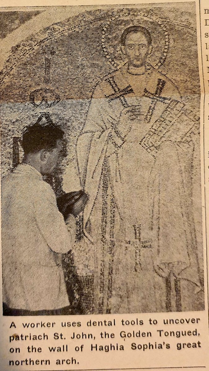 My grandfather's copy of the  #HagiaSophia Mosaics book also has part of the November 15, 1950 issue of the  @thecrimson Harvard Crimson, which describes the process of uncovering the mosaics...with dental tools! And how the whole thing was funded...6/