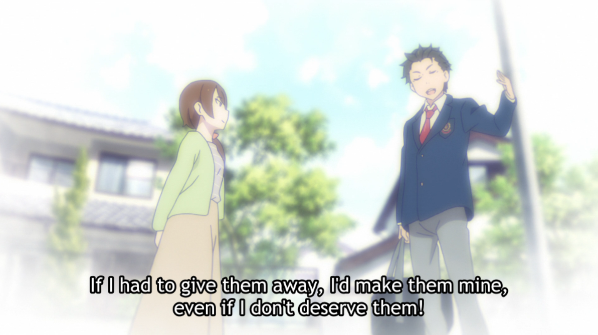 Subaru acknowledging that he's a work in progress, but that for his loved ones' sake he won't let himself languish in self-pity & give up, even if he's far from perfect, is golden. He's a precious boy and I won't let anyone tell me otherwise.