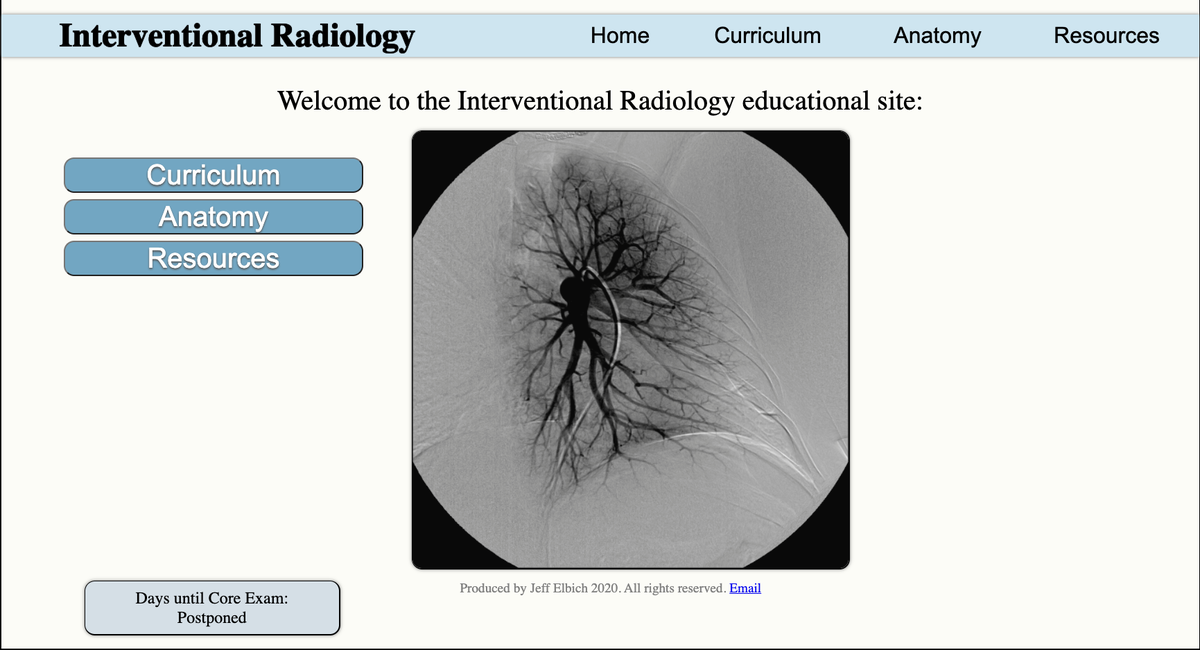 Check out this incredible IR educational website: teachingir.com 

The website was created by Dr. Jeff Elbich and it contains free resources including comprehensive curriculum guides for IR residents and dozens of Core Exam-style anatomy cases!