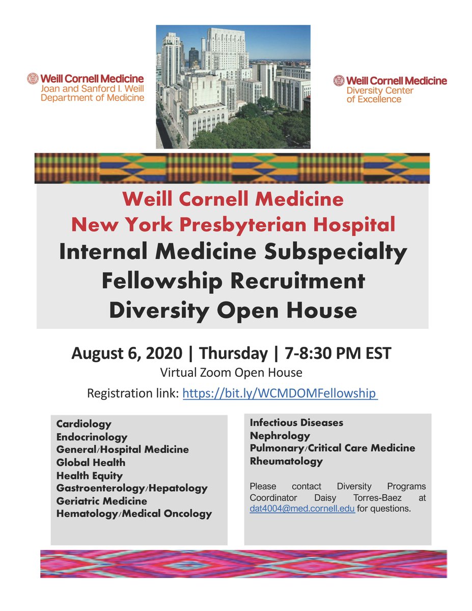 Please retweet! BIPOC internal medicine residents: zoom in to our #WCMDeptofMed @weillcornell @nyphospital Internal Medicine Subspecialty Fellowship Recruitment Diversity Open House-- Thurs 8/6 7 pm #CCHEQ Diversity Center of Excellence. Please preregister!