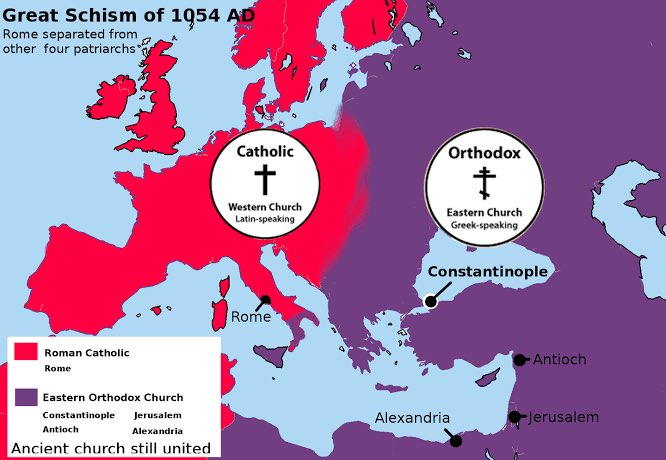 Around the end of the first millennium, series of disagreements, which had been brewing came to a head, pitting 4 of them in the East, against Rome in the West. The principal theological issue was a simple, incomplete sentence, called the Filioque: “...and the son”.