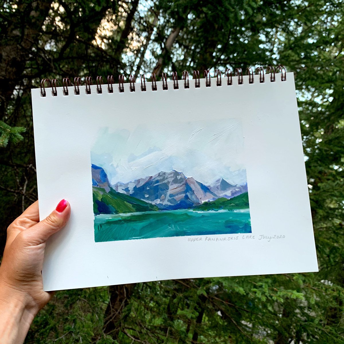 artSWC's tweet photo. Love sketching out in the world - this little piece captures the Upper Lakes in #kananaskis and I have to say - I am loving that cool mountain blue. @GoldenAcrylics on @strathmoreart mixed media sketchbook done with a @SilverBrushLTD Angular Brush #yeg #yegart #artist #banff #art https://t.co/EYKCP6xyZR