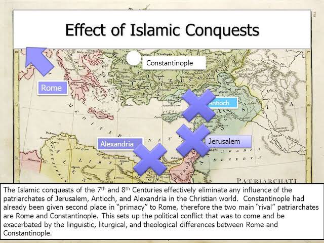 The Islamic conquests of Alexandria, Jerusalem, and Antioch earlier in the 7th century had left Constantinople as the only practical authority in the whole of the East. So it made the disagreement look like it was really between the Popes of Rome and Constantinople.