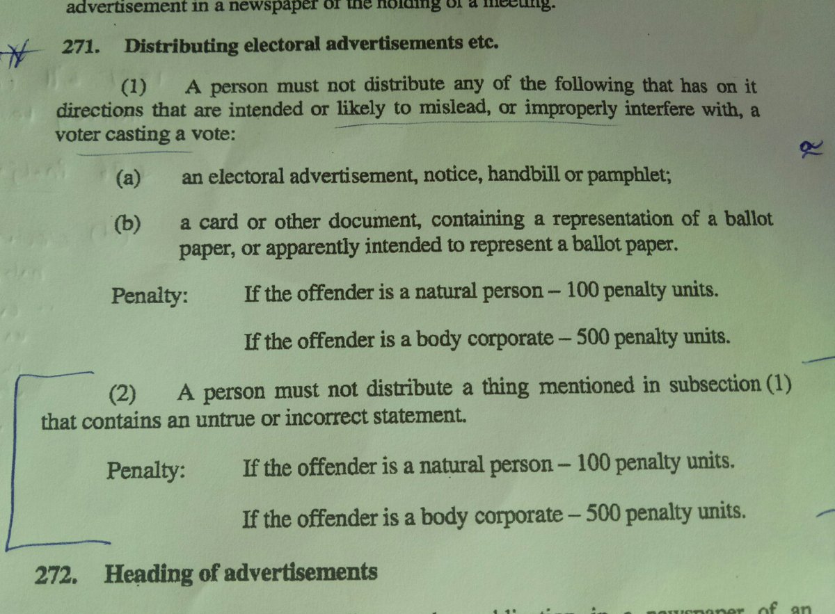 The 2003 Bill that kicked this off also looks like a truth in electoral material offence. But linguistic nominalists would have a field day parsing the word 'thing'. Just the noun group 'advertisement, notice etc'. Or that group qualified by 'intended or likely to mislead'? 4/4+