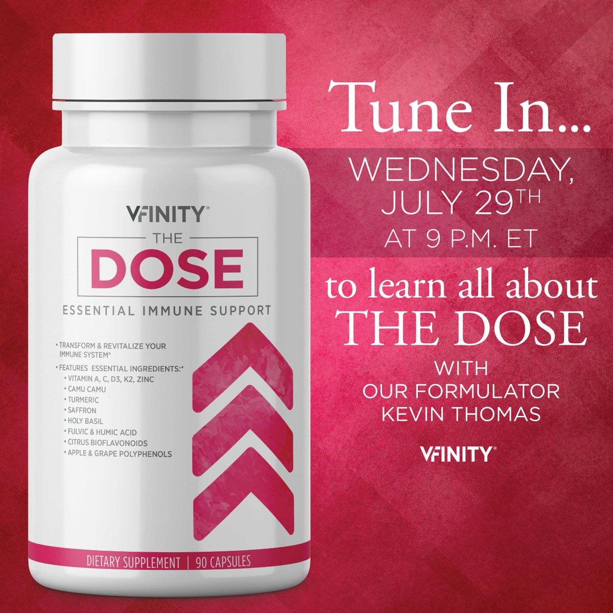 VfinityInc's tweet photo. Join us at 9pm est to learn about the health benefits of The DOSE.

It’s incredible “ONE BOTTLE” ingredients: vitamins D3, K2, A, and C, Zinc, Camu Camu, Turmeric, Saffron, Holy Basil, Apple &amp; Grape Polyphenols and more.

Call in number: 857-232-0476

Call in Code: 115207 https://t.co/BUxbqj0BHM