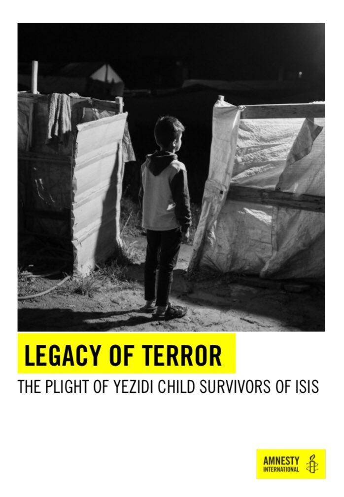 Out now: Hundreds of  #Yezidi children who returned to their families after being held by so-called ‘Islamic State’ are facing massive hardships.  @Amnesty report details:* Physical & mental health crisis* Language & education barriers * Civil docs issues https://bit.ly/2P7rrrI&nbsp;