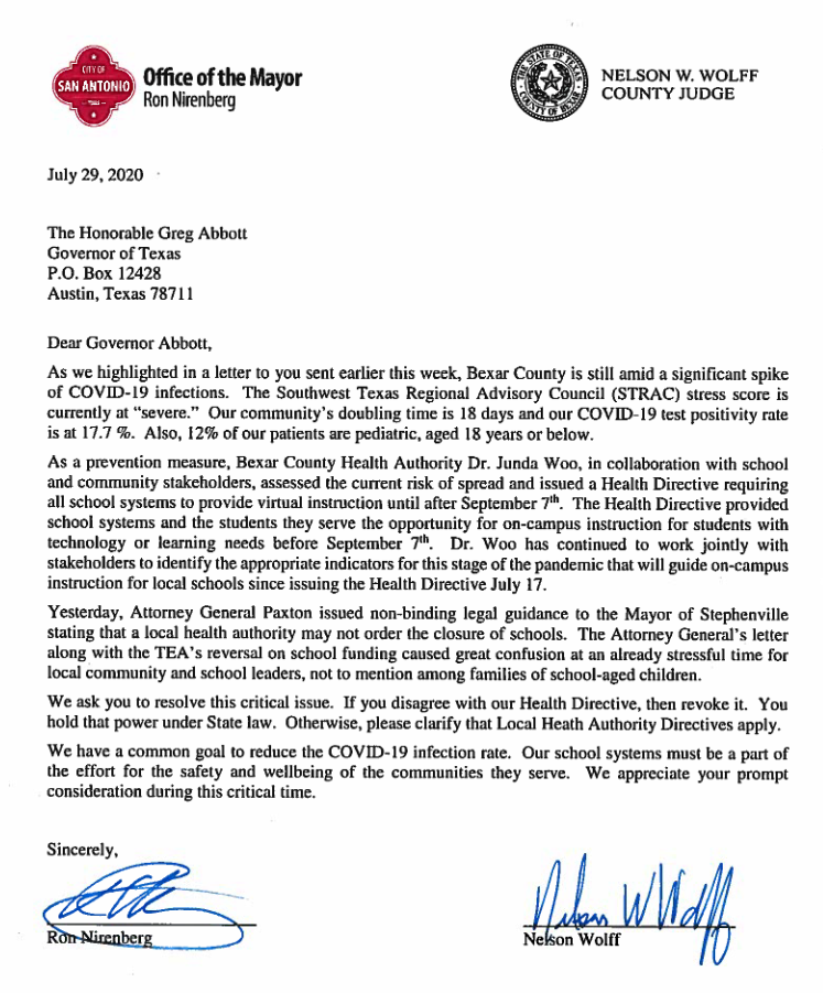 Ron_Nirenberg's tweet photo. The Attorney General's recent non-binding opinion on the reopening of our schools is almost a complete reversal of state policies that were outlined just 2 weeks ago.

We are asking the Governor to issue a final verdict on the matter to afford our community some peace of mind. https://t.co/03Y34Us1k6