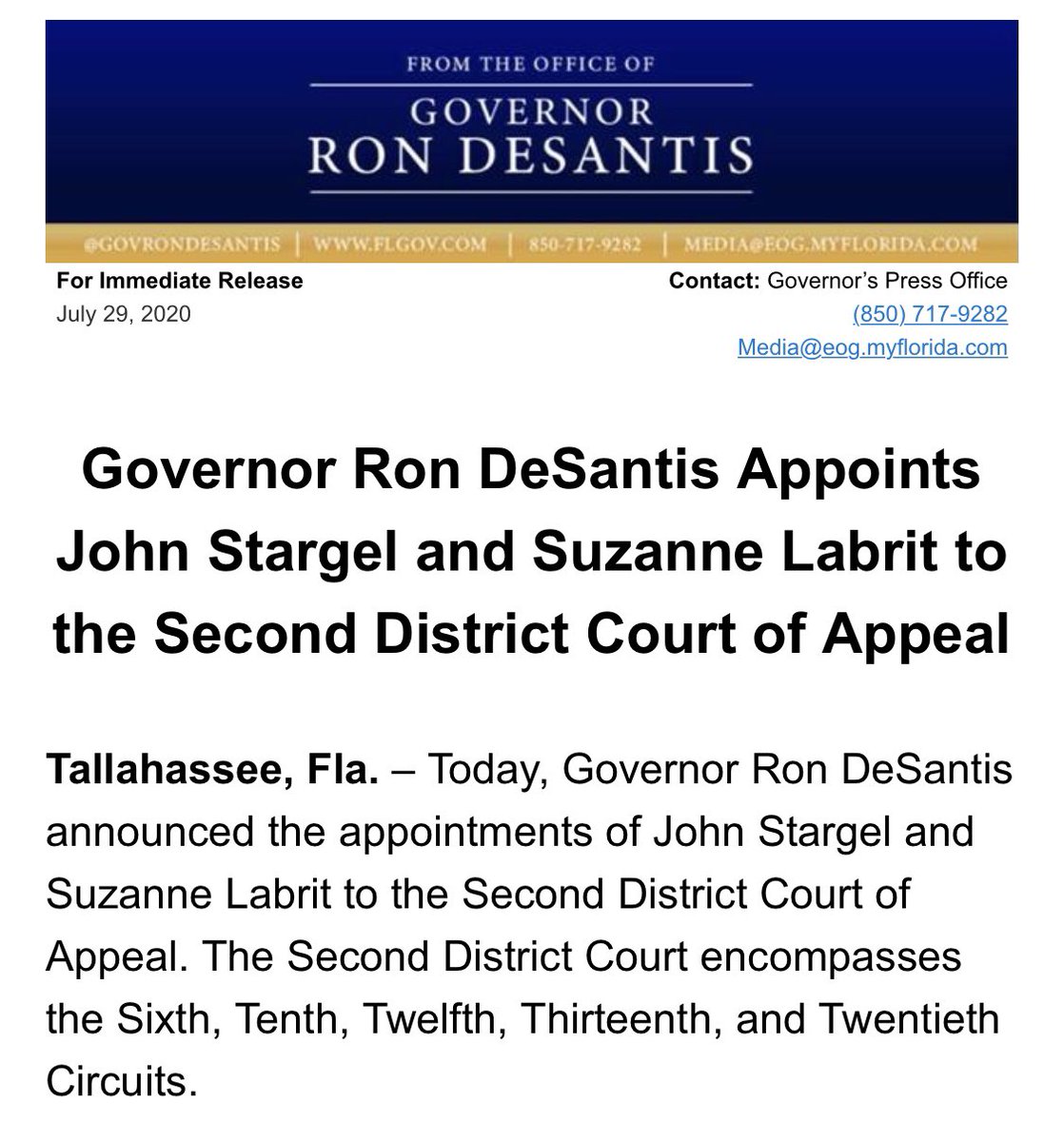 NickPrimrose's tweet image. Today @GovRonDeSantis made two appointments to the @2dca_flcourts, elevating @FL10th Judge John Stargel and appointing appellate attorney Suzanne Labrit.
 
These make 96 judicial appointments and 10 to the DCAs (15% of all DCA judges).