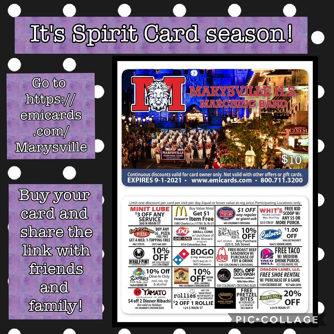 MarysvilleBand's tweet photo. Go to https://t.co/cMTp7ZUz15 to get your Marysville Marching Band spirit card.  Share, share, share this link with your friends and family!
#theprideofmarysville
#ptbm https://t.co/KPDOvbiWCl