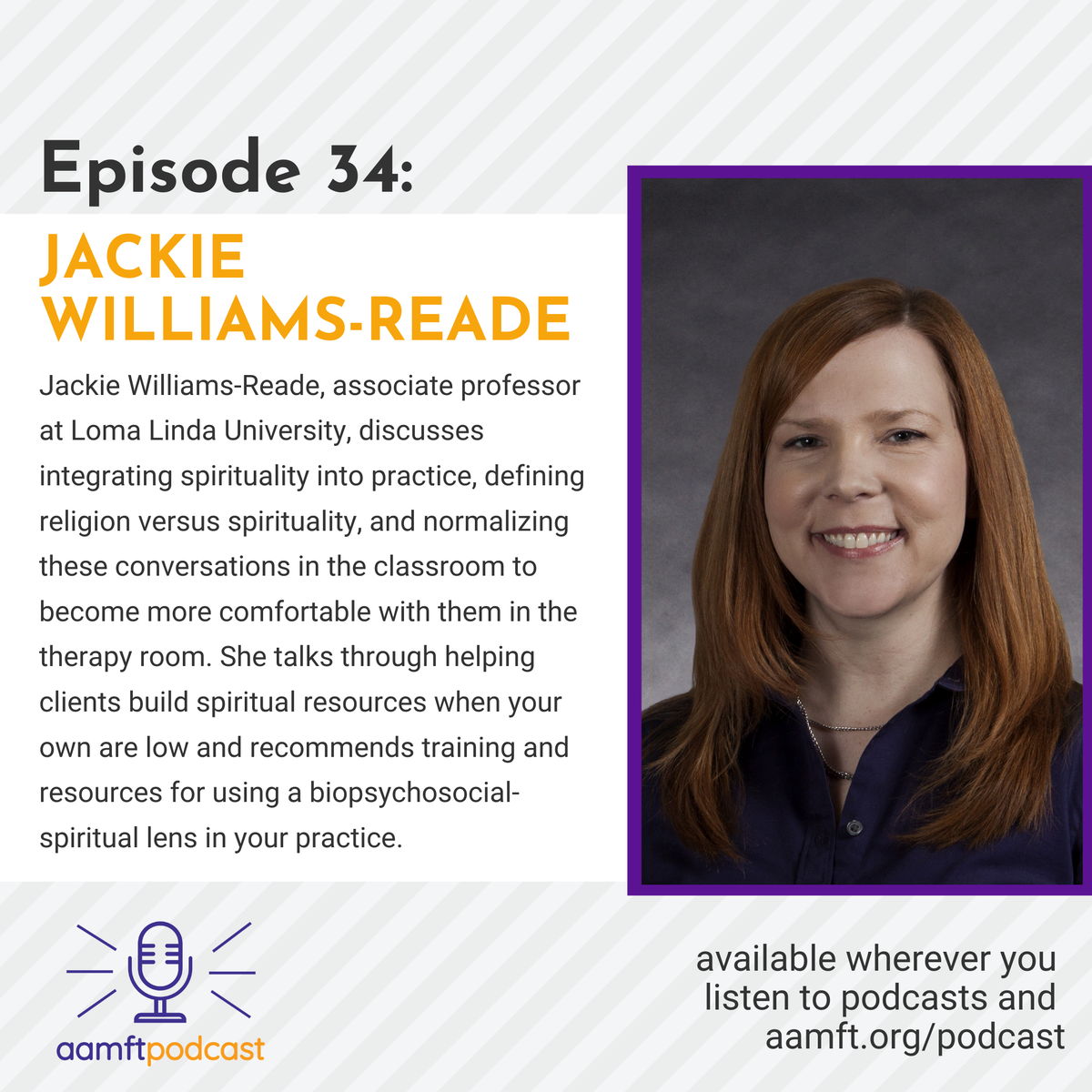LLUSBH's tweet photo. From @TheAAMFT: "Tune in this week for an informative discussion of integrating spirituality into your practice with Dr. Jackie Williams-Reade. Available wherever you get your podcasts or listen at https://t.co/GmhzaxXC8m!" @DrJackieWR #lluCFS #lluSBH https://t.co/mszyhOH3h7