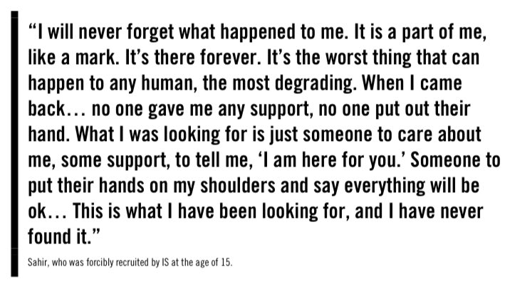 Interviewees told Amnesty about particular challenges for two groups of  #Yezidi child survivors: former child soldiers & girls subjected to sexual violence.  #Iraq  #ISIS