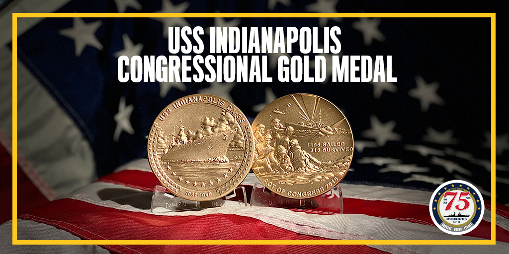 In 2018, @realDonaldTrump signed the bill honoring the #USSIndy final sailing crew with the Congressional Gold Medal. Awarded today in Indianapolis, the medal will be on display in the @indwarmemorials bldg. Want a bronze replica? Visit the website: bit.ly/3jEOTKL