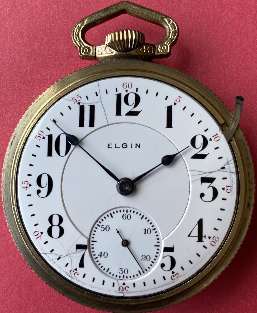 This is what typically happens to a roughly 116 year old pocketwatch face. The small black lines are hairline cracks in the white “enamel or porcelain” dial on this Elgin BW Raymond Watch. #maistomountain #horology #ElginIL #pocketwatch #railroadgrade #enameldial #BWRaymond