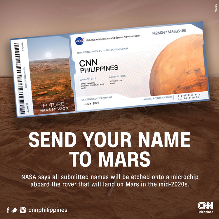 newswatchplusph's tweet photo. It's official! Our name is flying to Mars 🚀

Want to be part of NASA’s mission to the Red Planet too? Register and get your free boarding pass here: https://t.co/JX7le9D0m0 https://t.co/21iJ9Rmk3c
