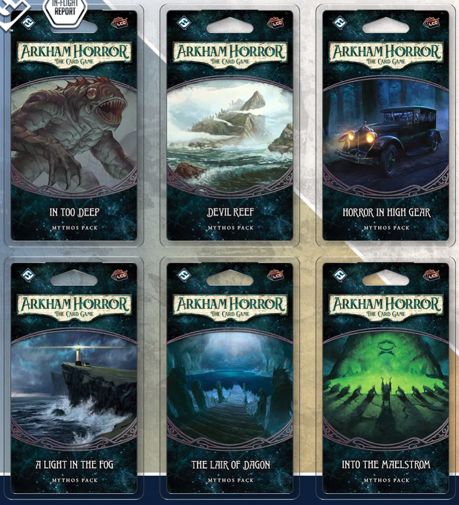 MYPGames's tweet photo. Here we go! Arkham Horror time. The Innsmouth Conspiracy mythos packs are pictured! #InFlightReport #boardgames #arkhamhorror https://t.co/T6WEjkovvB