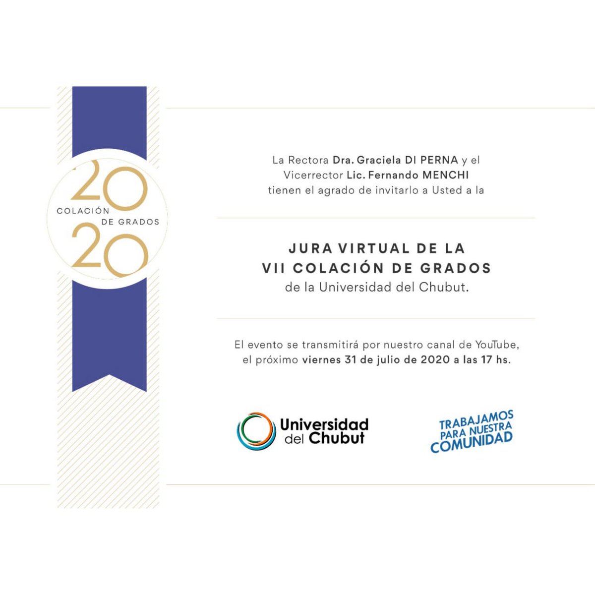 UniDChubut's tweet photo. #ComunidadUDC
:::Jura virtual - VII Colación de Grados UDC ::: 👩‍🎓👨‍🎓
🔸Con inmenso orgullo te invitamos a participar de la #JuraVirtual de 18 nuevos profesionales🔸
💻 Seguí la transmisión en vivo acá 👉 https://t.co/N0zlsi2N3x 
#OrgulloUDC👩‍🎓👨‍🎓 #UDCyVos #GraduadosUDC https://t.co/1BTQBiKMpV
