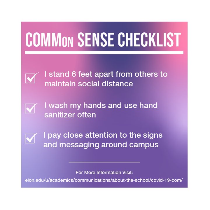 eloncommcollect's tweet photo. Check out our COMMon Sense Checklist!! Remember to complete these things before attending an @eloncomm class! 💜 #ProtectThisCOMMunity #MaskUpElon @elonuniversity @rocford https://t.co/p8MMcE1esC