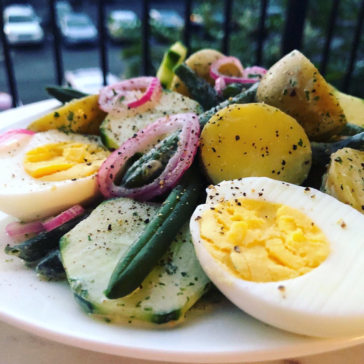 Green goddess salad - potatoes, green beans, eggs, cucumbers, and pickled shallots  #QuarantineKitchen