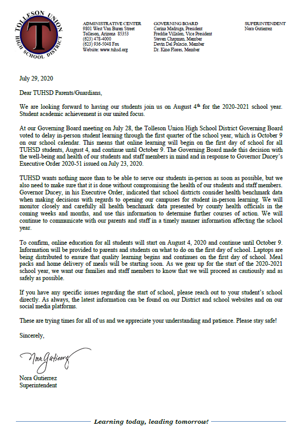 TollesonUhsd's tweet photo. Important Information from the Tolleson Union High School District https://t.co/QGquOnjm56