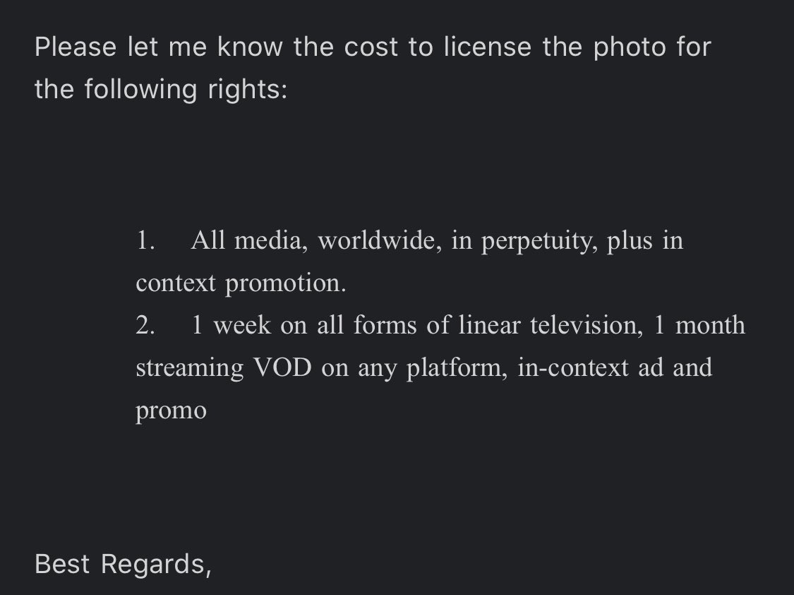 masterwilliams's tweet photo. I got an email from one of the largest TV/Radio networks in the world looking to secure nearly full usage rights of one of my photos for 1 mth. The rate they were willing to pay me: $150 (3 virgils) + end credit. https://t.co/FGj9ITFrBI