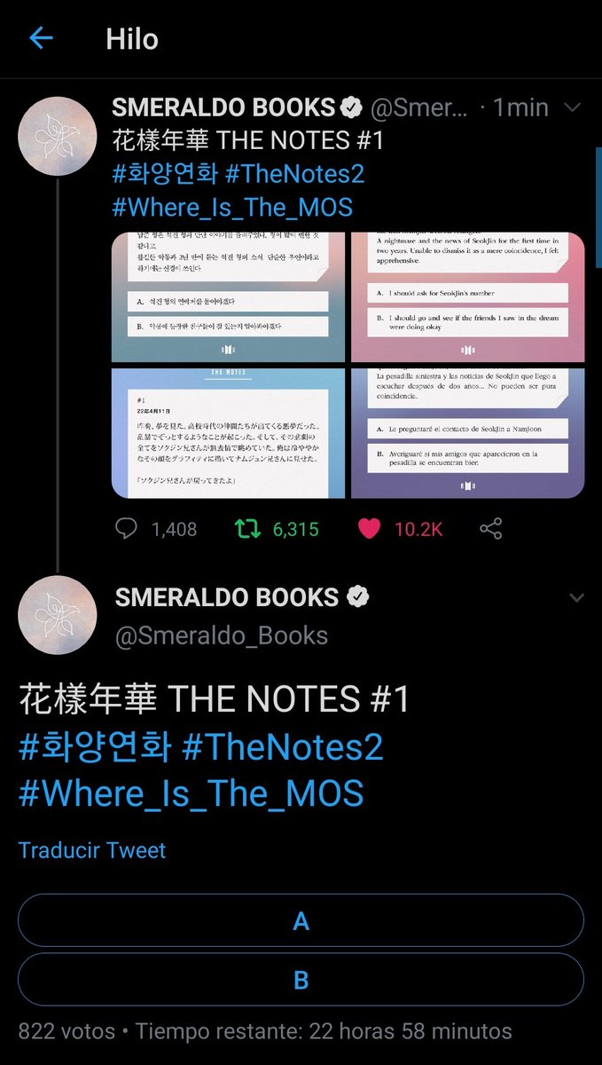 btsargento's tweet photo. SMERALDO NOS DIO UN FRAGMENTO Y DE AHÍ TENEMOS QUE ELEGIR LA OPCION QUE CONSIDERAMOS QUE ESTA BIEN. LITERALMENTE NOS ESTÁN HACIENDO DECIDIR Y YO SOY RE INDECISA CHAU
#Where_Is_The_MOS #TheNote2 @BTS_twt https://t.co/woiDLdd8VI