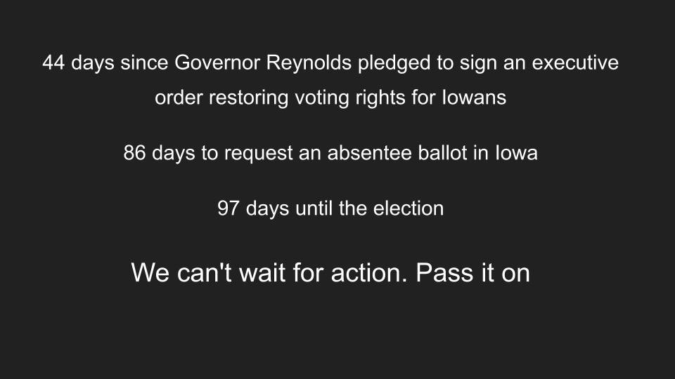 Ras Smith (@rasforiowa) on Twitter photo Like I’m really starting to feel some type of way about this. Only 97 days til the election, it’s undeniable that <a href="/IAGovernor/">Gov. Kim Reynolds</a> doesn’t really care to have 60,000 Iowans participate in this general election. Like I’m really starting to feel some type of way about this. Only 97 days til the election, it’s undeniable that <a href="/IAGovernor/">Gov. Kim Reynolds</a> doesn’t really care to have 60,000 Iowans participate in this general election.
