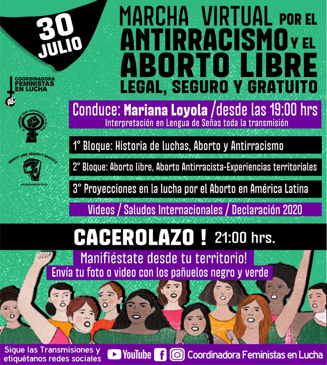 CFLChile's tweet photo. Cerca de 30 organizaciones feministas de este territorio nos reunimos para hacer posible está Marcha Virtual x el Aborto Libre y Antirracista.
Les invitamos a marchar con nosotras desde las 5,  por rrss de CFL

#AbortoLibre #AbortoAntirracista #30julioAbortoLibre #8AñosMarchando https://t.co/c0p3ZPu9GB