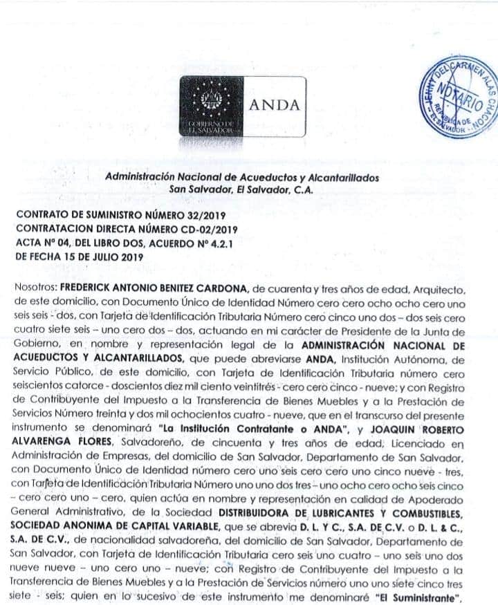 EC_R123's tweet photo. Francisco Nasser Bukele, apoderado legal de DLYC, pariente directo del presidente de la República, le vende combustible por 677, 020. 00 dólares a ANDA.

Venta directa, nada de licitación. Esto es una de las primeras ventas. Las siguientes alcanzan los 3 millones de dólares. https://t.co/zNBXrczPva