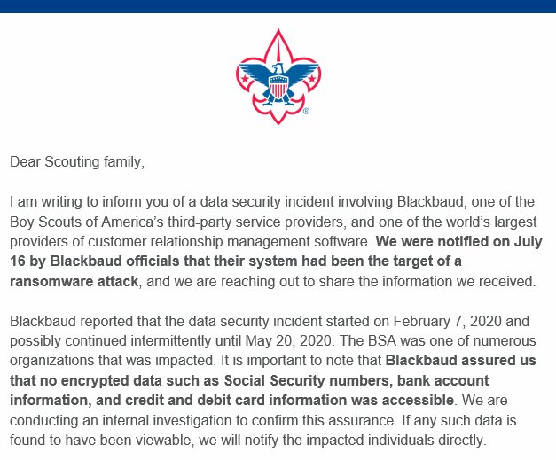 This incident has cascaded down to *heaps* of customers who've now had to do their own breach disclosures. For example, the  @boyscouts: