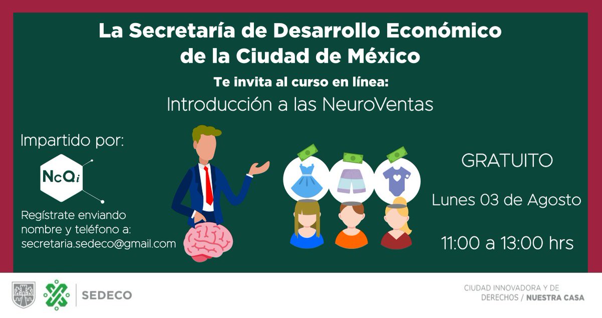 SedecoCDMX's tweet photo. ✅ En #Agosto tenemos #CursosOnline para ti:
🗓 Lunes 3 "Introducción a las neuroventas" por #NCQI
🗓 Miércoles 5 "Medidas Sanitarias en la Nueva Normalidad" por @AGSANITARIA
🗓 Jueves 6 "Training de Servicios #FedEx" por @fedexteayuda
🗓 Viernes 7 "Crowdfunding" por @AFICO_MX https://t.co/MG2Mwrv4mY
