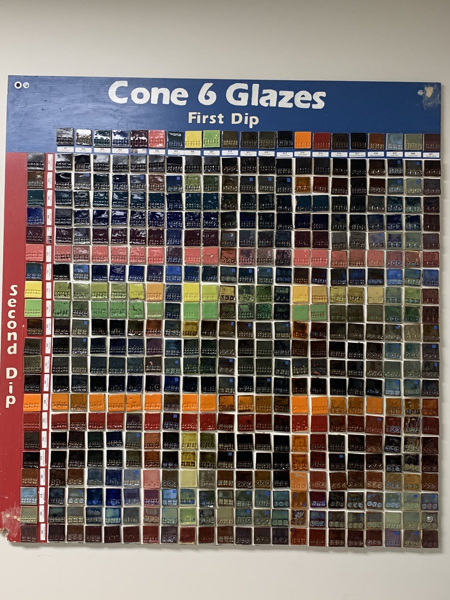 CCLSFIALA's tweet photo. Bought some new Potter’s Choice cone 6 glazes from Amaco to finish out the overlapping glazes board.  Lots of experimentation, but some of these combinations are amazing! Very reduction like. @CCLSChargers #arted #arteducation #ceramicsteacher https://t.co/PaHjmPQHI8