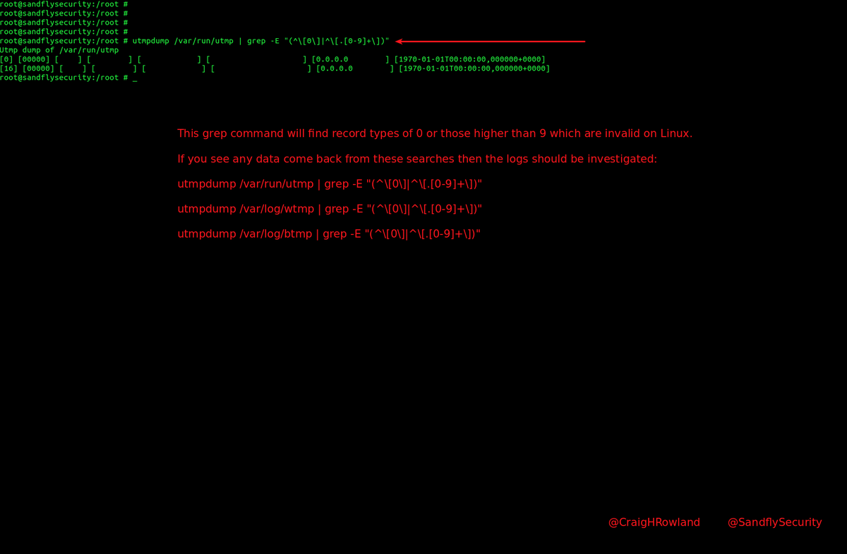 On Linux the valid types for wtmp|utmp|btmp records (first column) are 1-9. Common detection tools only look for type 0 (null) to find tampering. But, you need to check for all possibilities. Type 16 below is illegal. How did it get there?  #DFIR