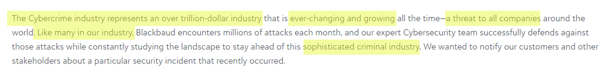 As for  @blackbaud's disclosure notice, it's extremely poor. The entire first para is dedicated to normalising hacking: "all the other kids are dealing with hackers too"  https://www.blackbaud.com/securityincident