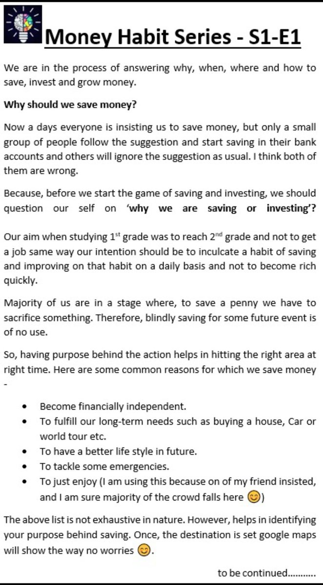 LiterallyEvery6's tweet image. We are in the process of answering why, when, where and how to save, invest and grow money.

The "Money Habit Series" S1-E1 is live.

Trust you loved reading.

Please follow us for more updates

#moneyhabitseries #literallyeverything
#invest #Investment #savemoneytips #savemoney