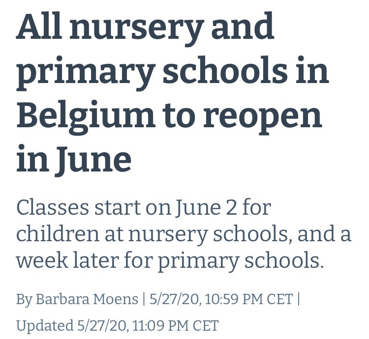 Belgium has the highest deaths-per-million residents in Europe.They lost 300+ a day mid-April. Some grades opened in May. In early June, primary schools were fully opened. No mass gatherings there; teachers had masks.Their 7 day average of Covid deaths is now at 3.