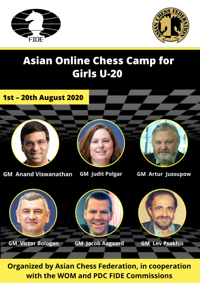 FIDE_chess's tweet photo. Very soon, on August 1, starts the Asian Online Camp for Girls U-20. Each of the Asian national federations nominates one player born in 2000 or later.

The players will learn from the greats - Anand, Polgar, Jussupow, Bologan, Aagaard, and Psakhis.

#AsianChess #chess https://t.co/1zHdw83Gff