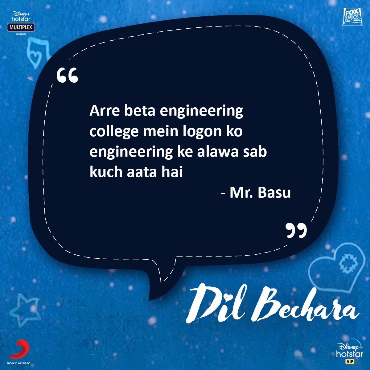 Is Papa Basu right? Engineers, do you agree with this claim? Watch #DilBechara, now streaming. #DisneyPlusHotstarMultiplex
#BaateinDilBecharaKi #DilBechara #SushantSinghRajput @sanjanasanghi96 @CastingChhabra @actor_saswata @DisneyplusHSVIP