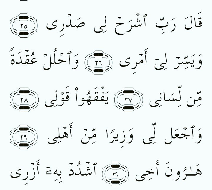 (Musa) said: "O my Lord! Expand me my breast; (25)"Ease my task for me; (26)"And remove the impediment from my speech, (27)"So they may understand what I say: (28)"And give me a Minister from my family, (29)"Aaron, my brother; (30)"Add to my strength through him, (31)