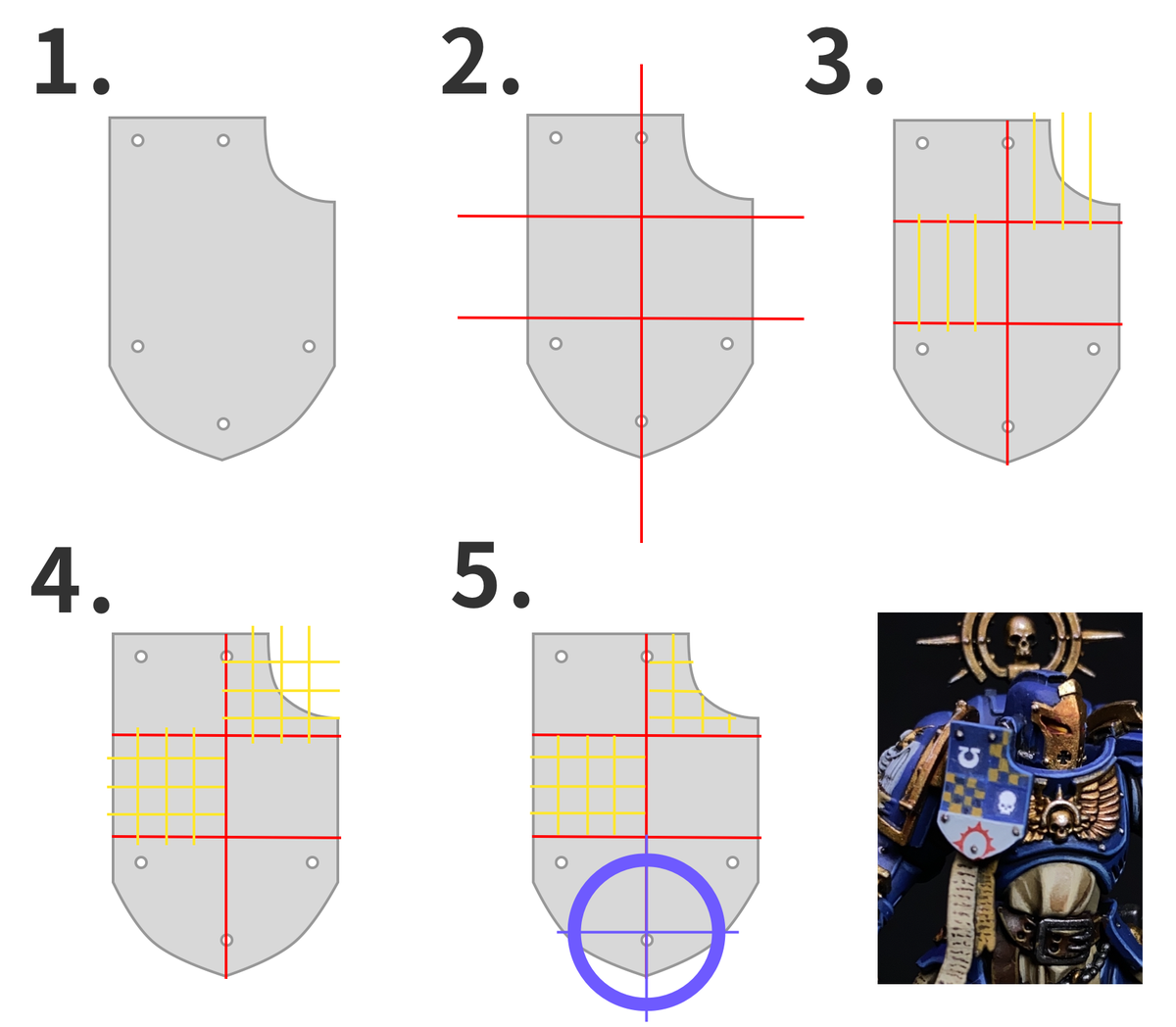 (3/7)Badge drawingThis is the most difficult part of the entire model. I made a grid reference showing how I make mine. Note that the chessboard transfer in the box set doesn’t fit the badge! Badges differ, but the principle is the same: using bolt as reference points.