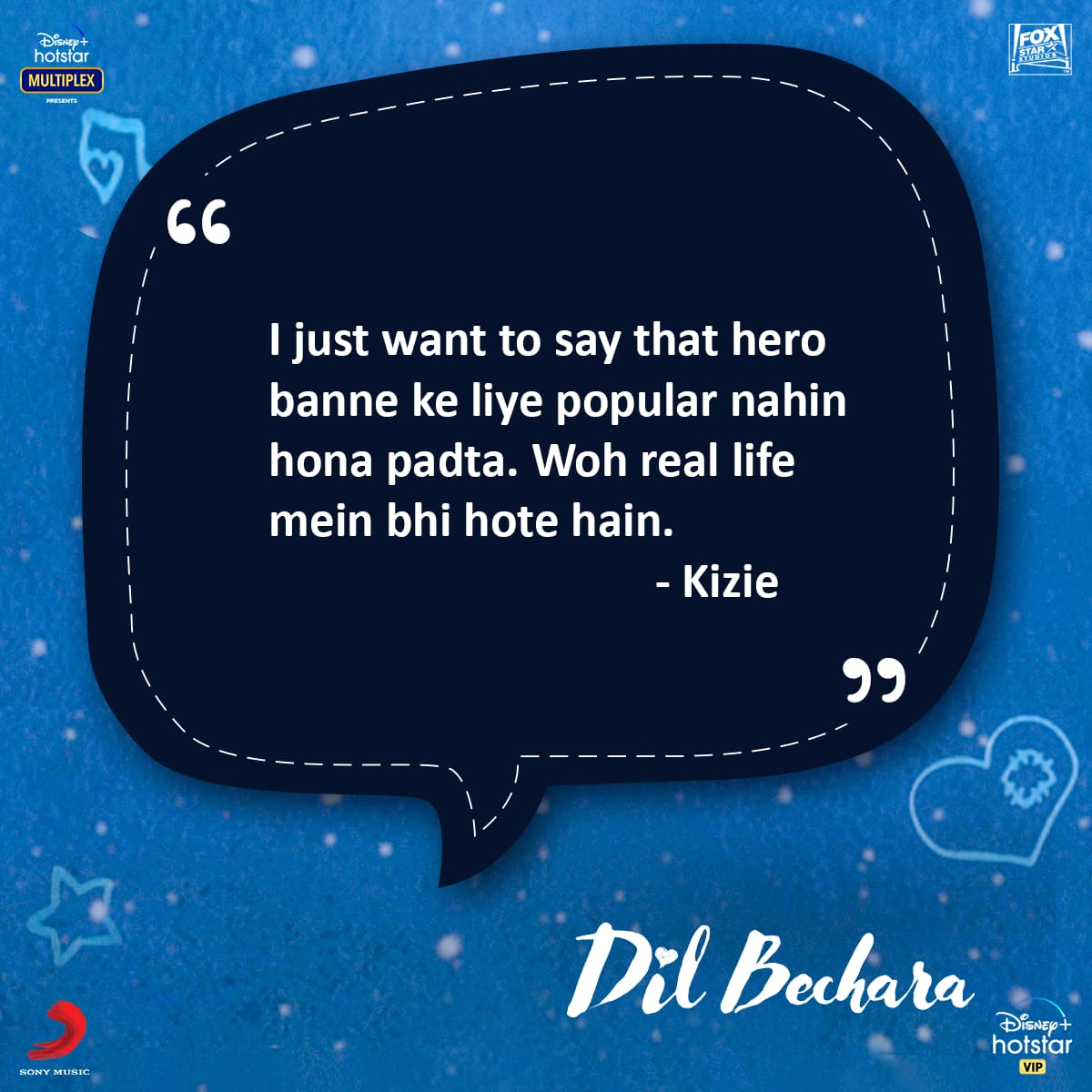 Kizie jaisa nahi socha, toh kya socha? #DilBechara, now streaming.

#DisneyPlusHotstarMultiplex
#BaateinDilBecharaKi #DilBechara #SushantSinghRajput @sanjanasanghi96 @castingchhabra @foxstarhindi