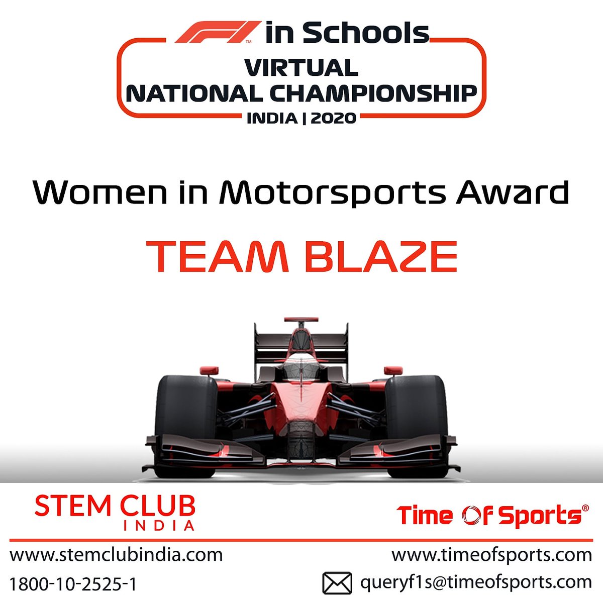 Many Congratulations to our Women in Motorsports for winning the Award. Credit goes to the team and mentors. What an amazing and inspiring journey. Good Luck <a href="/teamblazetbs/">Team Blaze</a>
#TimeOfSports #STEMClubIndia #f1inschoolsindia #thegamebegins #women #womenempowerment #nationalfinals #2020