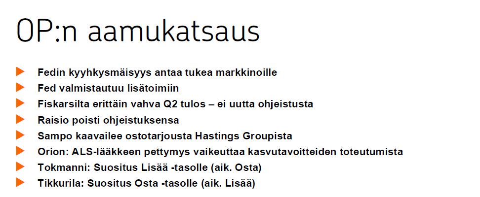 ParkkinenHenri's tweet photo. Torstain Aamukatsaus: Makroa ja markkinaa, Fiskars, Raisio, Sampo, Orion, Tikkurila, Tokmanni jne. @markets_op 
@OP_Ryhma @OPsijoittaminen #sijoittaminen #säästäminen https://t.co/LORRTHaqEG