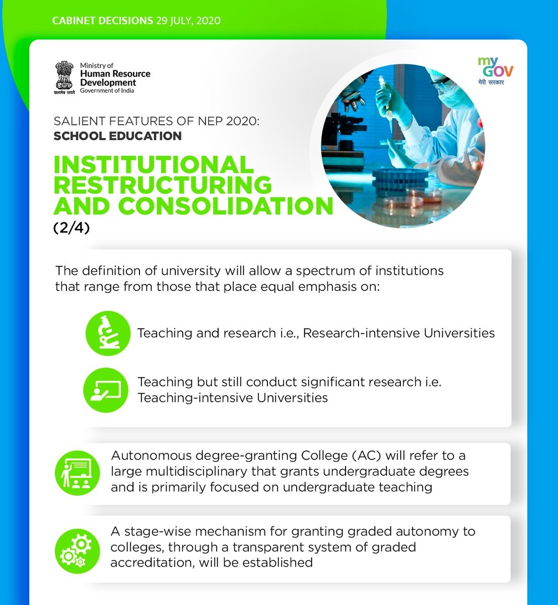 mygovindia's tweet photo. Salient Features of #NEP2020: Higher Education
Institutional Restructuring and Consolidation introduced. #CabinetDecisions https://t.co/hTMxRsWaHg