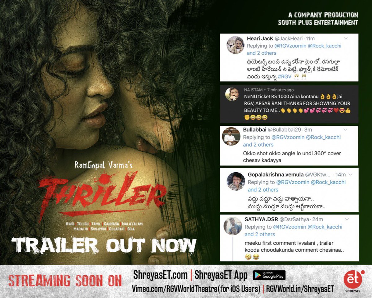 shreyaset's tweet photo. Amazing responses all over for the Trailer of @RGVzoomin's #Thriller, starring @apsara_rani_, and @rock_kacchi

Watch the trailer here: https://t.co/sJXnvJ5zuB

@ShreyasET @RGVWorldTheatre #RGV #NNN @SouthplusENT #ShreyasET https://t.co/WBSUYt6dqR