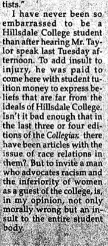 Students were furious, and pushed back in the best way. Here’s an op-ed in the Collegian berating the college for inviting such a racist to speak. (I only have this because of Whyte’s excellent journalism and careful documentation of sources.)