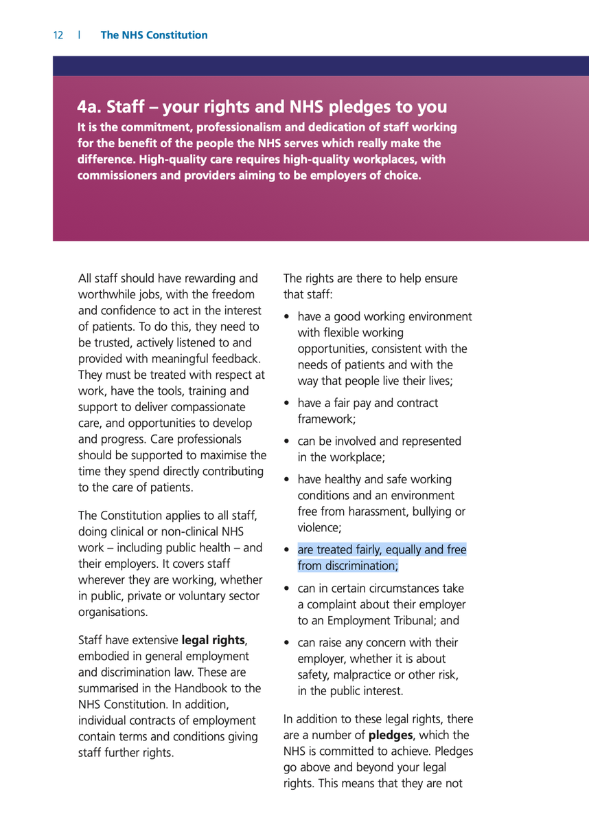 eg, in constitution: 'The rights are there to help ensure that staff...are treated fairly, equally & free from discrimination'.  #OurNHSPeoplePromise?: 'We understand, encourage & celebrate diversity, making the NHS a place where we all feel we belong.'  #OurNHSPeople  #WeAreTheNHS